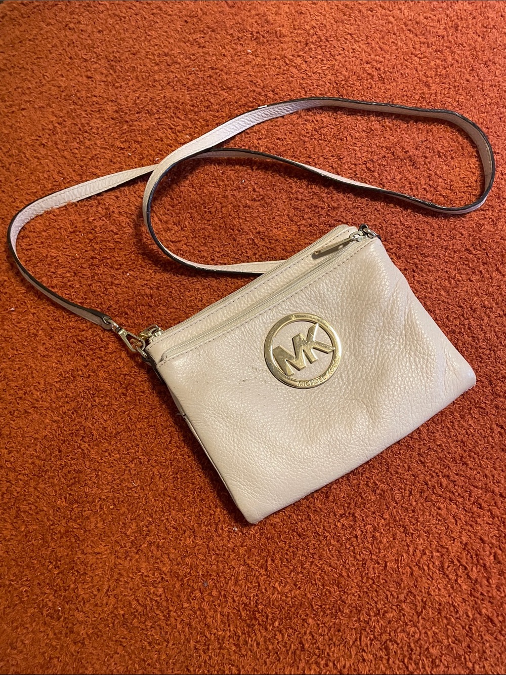 Michael Kors Cream Leather Crossbody with Gold MK Emblem